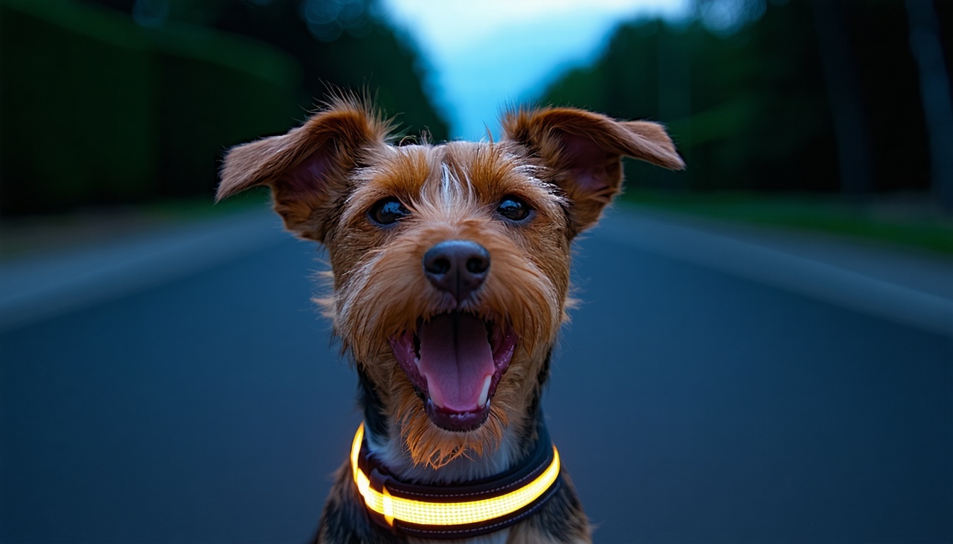 A happy dog wearing a reflective collar, clearly v